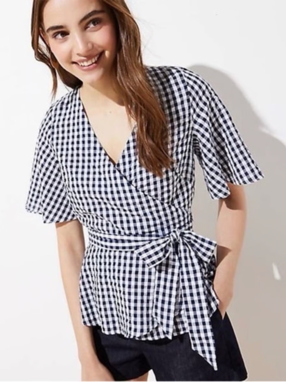 LOFT Navy & White Gingham Wrap Top with Tie Waist